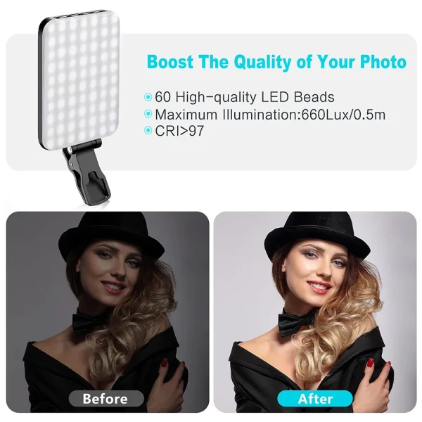 Minifocus Luce per Selfie: 60 LED, 2200mAh Ricaricabile, 7 Modalità e 10 Livelli di Luminosità - Luce Clip Portatile per Smartphone