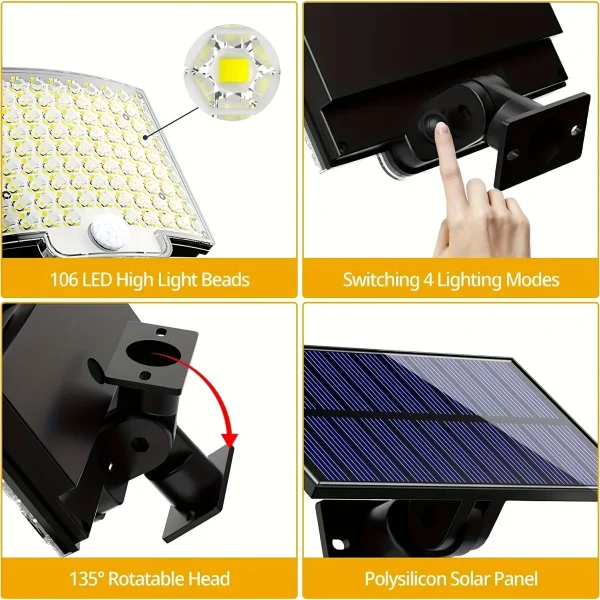 Faro Solare 106LED Impermeabile con Sensore di Movimento e Telecomando - 3 Modalità per Esterni, Giardino e Garage