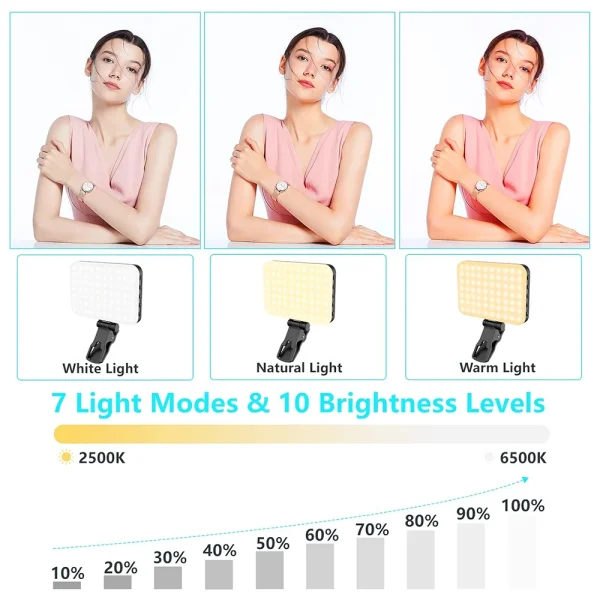 Minifocus Luce per Selfie: 60 LED, 2200mAh Ricaricabile, 7 Modalità e 10 Livelli di Luminosità - Luce Clip Portatile per Smartphone