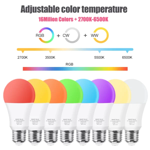 Lampadina Smart LED E27 15W RGBCW con Controllo Vocale - Compatibile con Google Home e Alexa