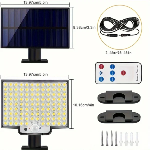 Faro Solare 106LED Impermeabile con Sensore di Movimento e Telecomando - 3 Modalità per Esterni, Giardino e Garage